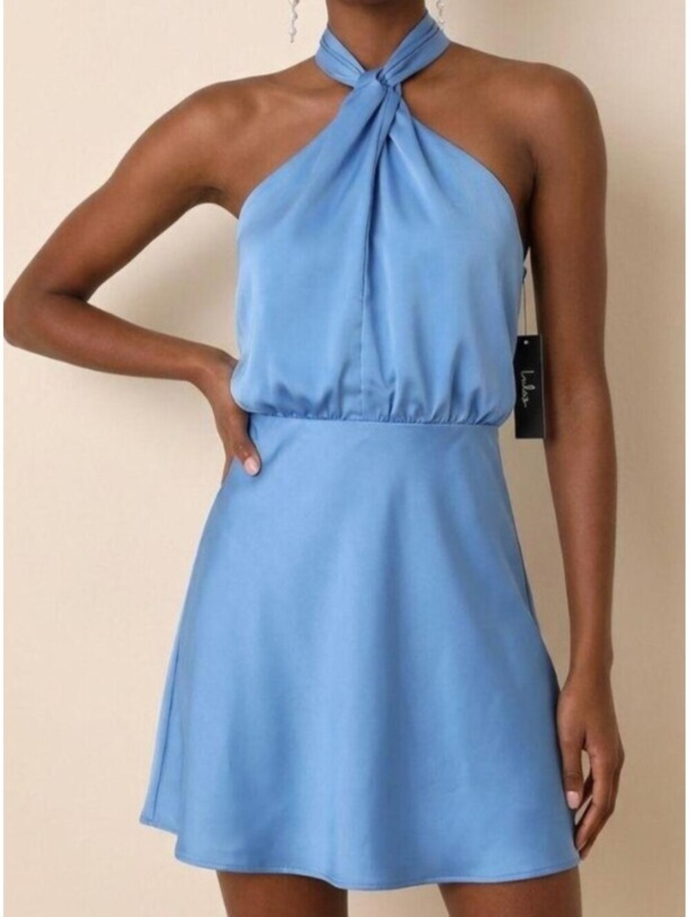 LULUS blue sleek essence halter neck mini dress sz L NWT